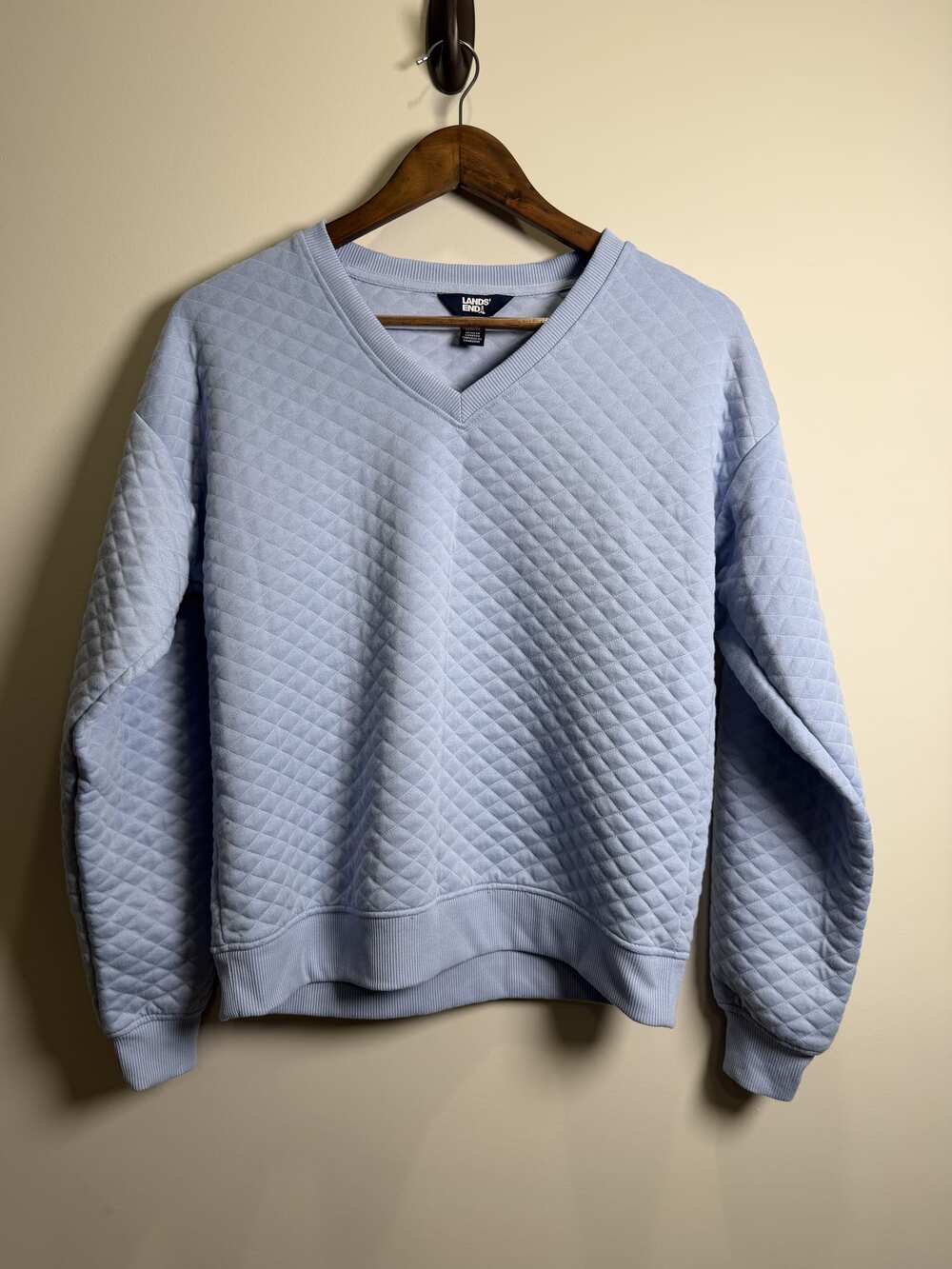 Lands' End S Light Blue Quilted V-Neck Pullover Sweatshirt